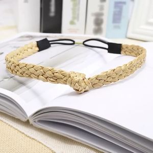 Thin Topknot Straw Headband - Khaki with Elastic Back